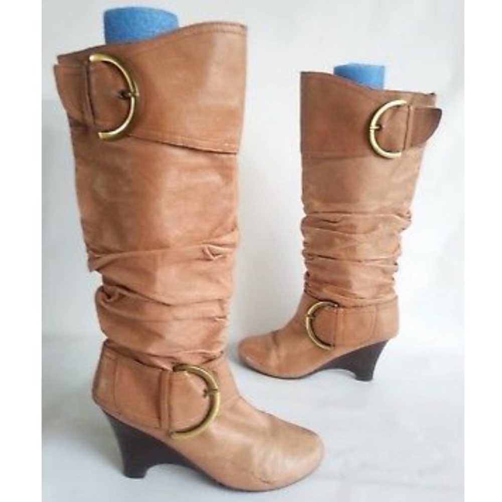Camel colored wedge boots